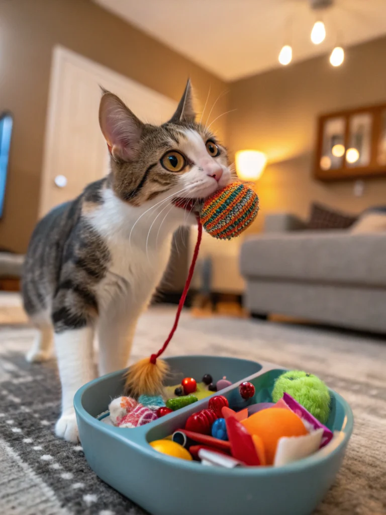 cat bringing toys to owner
