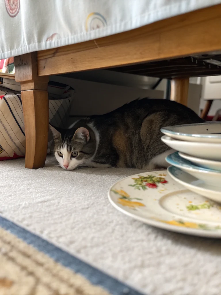 cat hiding under bed often